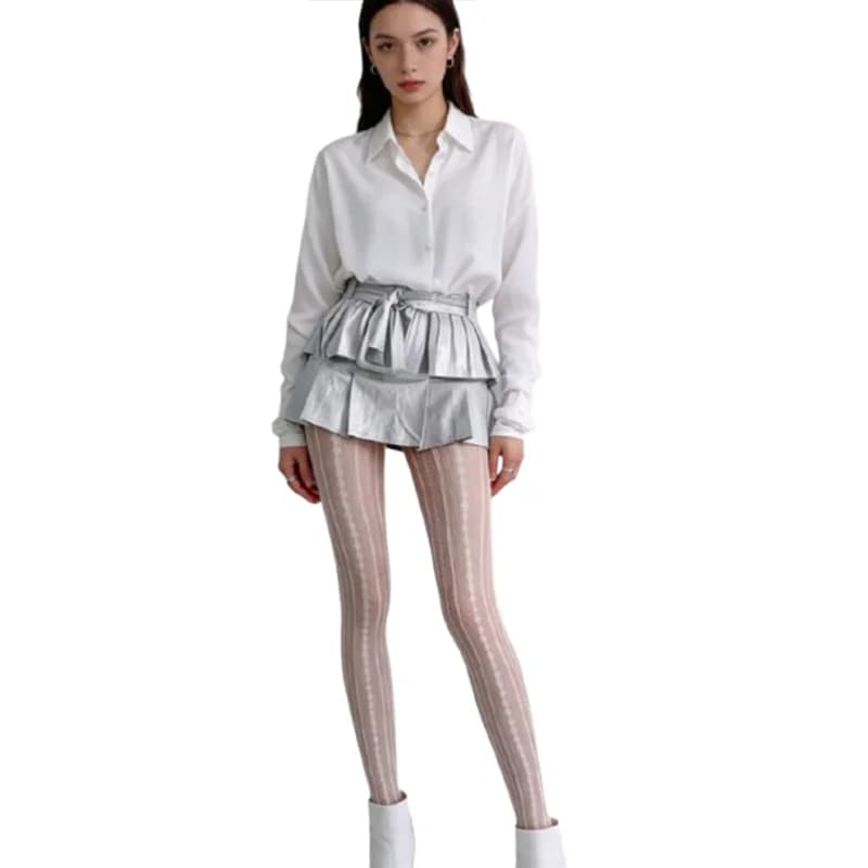 1 paire de collants blancs à rayures verticales en dentelle – Dentelle florale élégante, idéale pour