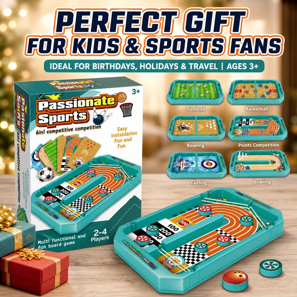 Jeu de société de sport 6 en 1 de table : Slingshot, Curling, Bowling, Football, Basketball – Jouet de bureau pour enfants, idéal comme cadeau