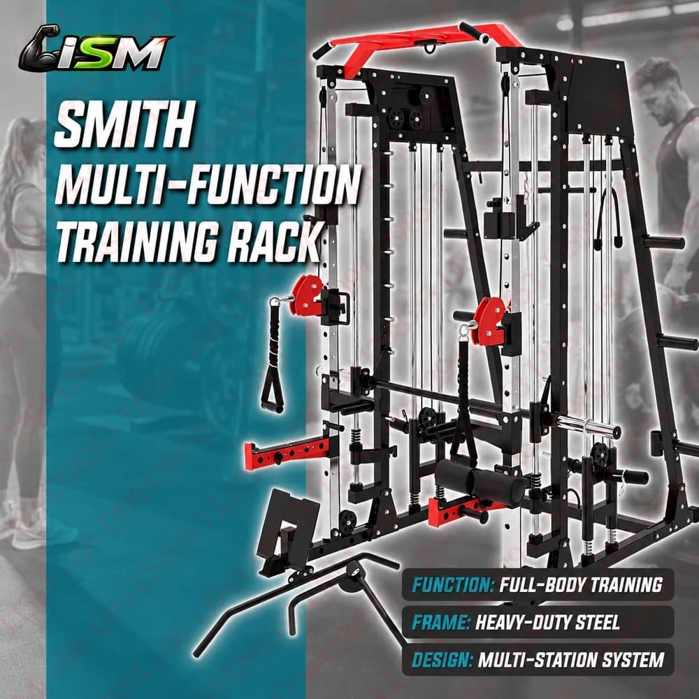 Smith Machine Home Gym 2200LB Power Cage Smith Bar LAT Pulldown Cable System Attachments Strength Training Heavy Duty Equipment