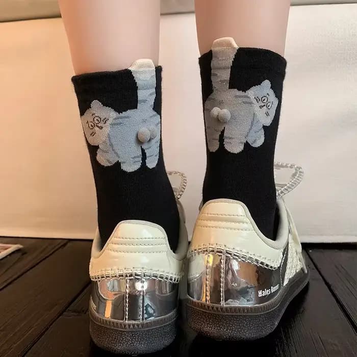 Chaussettes à Tube moyen tridimensionnel imprimé chat, absorbant la sueur, respirantes, douces et dé