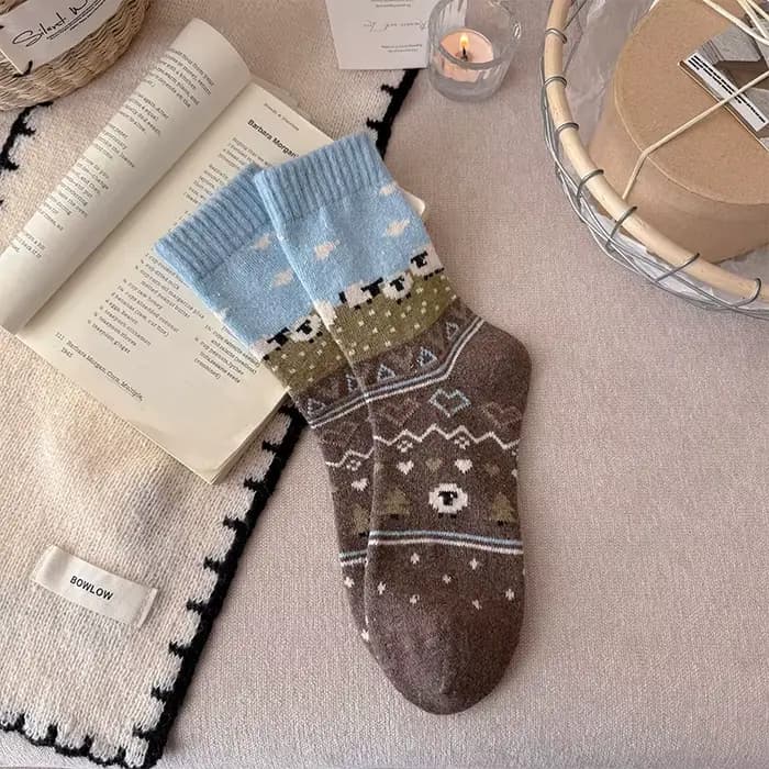 Chaussettes en laine épaisses unisexes mi-mollet, automne-hiver, chaudes, à motif de mouton, anti-fr