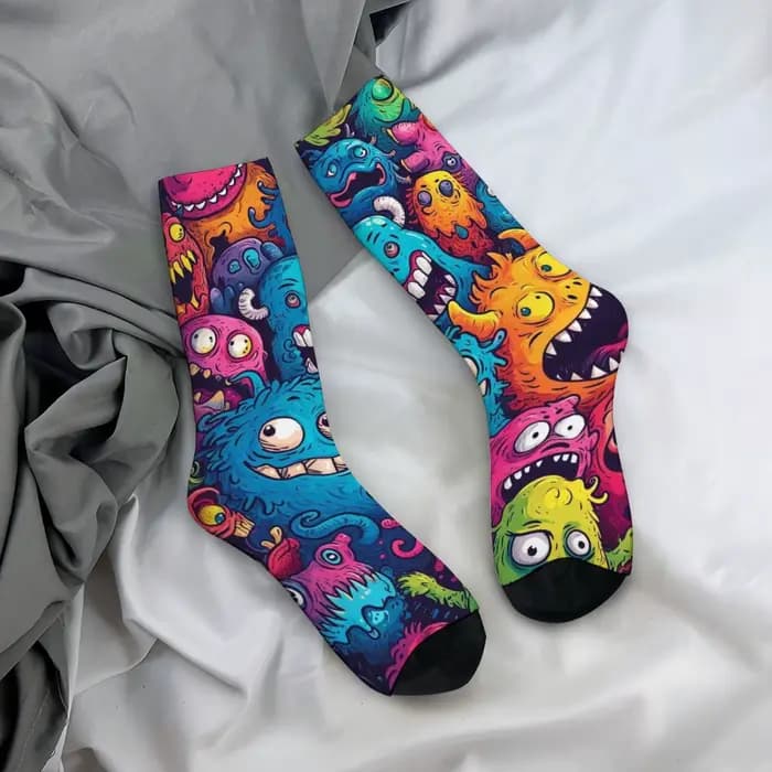 Chaussettes pour hommes à thème monstre style graffiti, mode rétro, chaussettes amusantes de style H