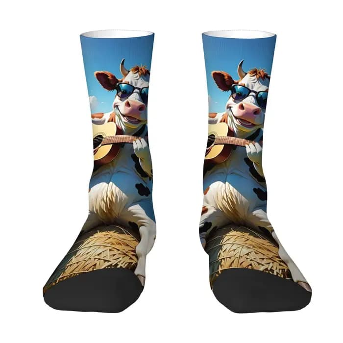 Chaussettes fantaisie drôles avec visage de vache, avec guitare, longueur mi-mollet, confortables, d
