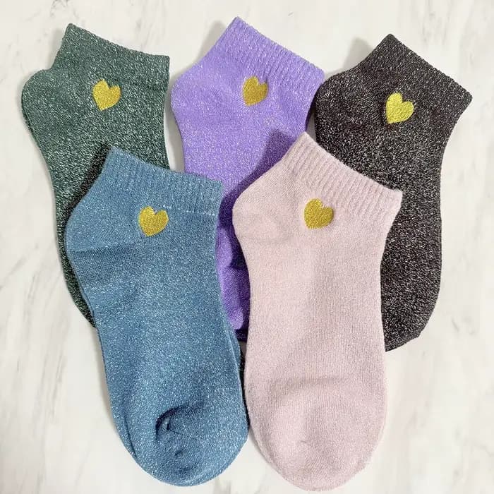 5 paires/ensemble femmes filles brodé amour coeur paillettes brillant chaussettes argent coloré mode