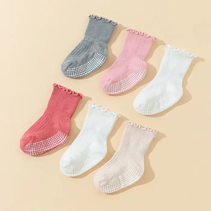 6 paires de chaussettes en coton pour filles avec dentelle, chaussettes en gel à pois antidérapantes