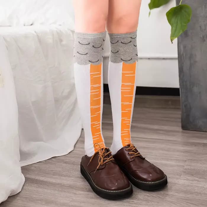 Chaussettes longues en coton avec patte de poulet pour femmes, motif dessin animé amusant, créatif,