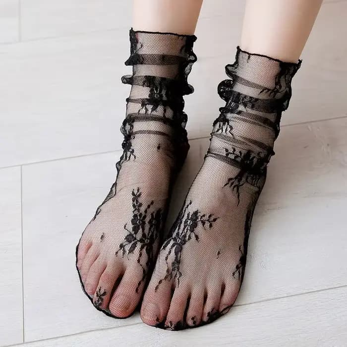 Chaussettes d'été en maille Tulle pour femmes, noir et blanc, dentelle fine, florale, Style doux, ch