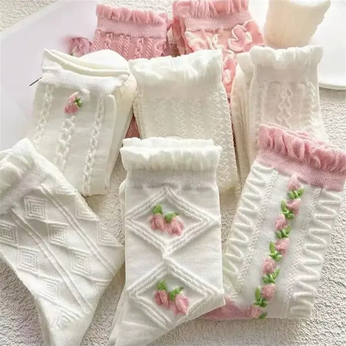 5 paires de chaussettes mi-longues en dentelle rose et blanche pour fille, à motifs de diamants, à f