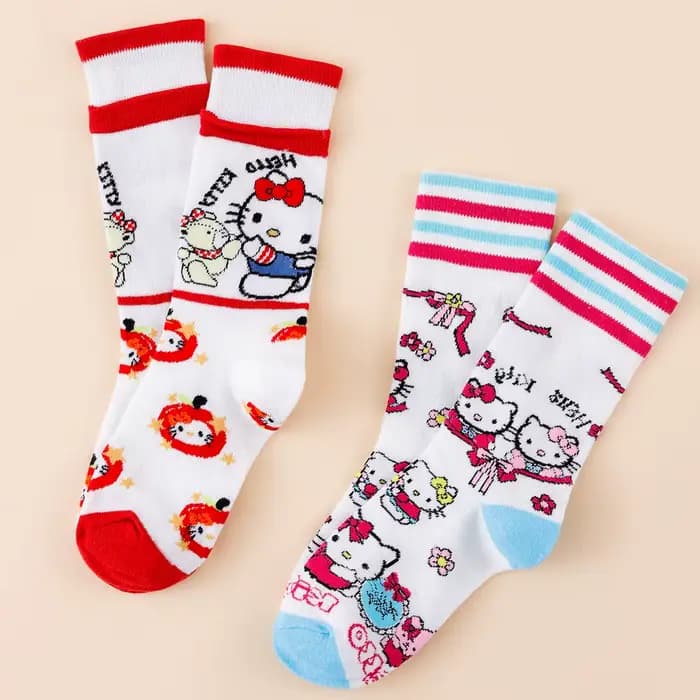2 paires de chaussettes pour enfants Hello Kitty, imprimé dessin animé mignon, chaussettes mi-tube é