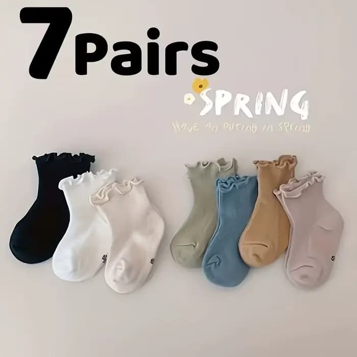 Chaussettes pour bébé, 7 paires, bord à volants, couleur unie, chaussettes mi-mollet, respirantes, p