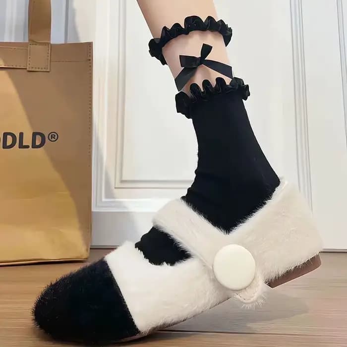Chaussettes en dentelle douce et fine pour femmes, avec nœud, mi-tube, en coton peigné, respirant, a