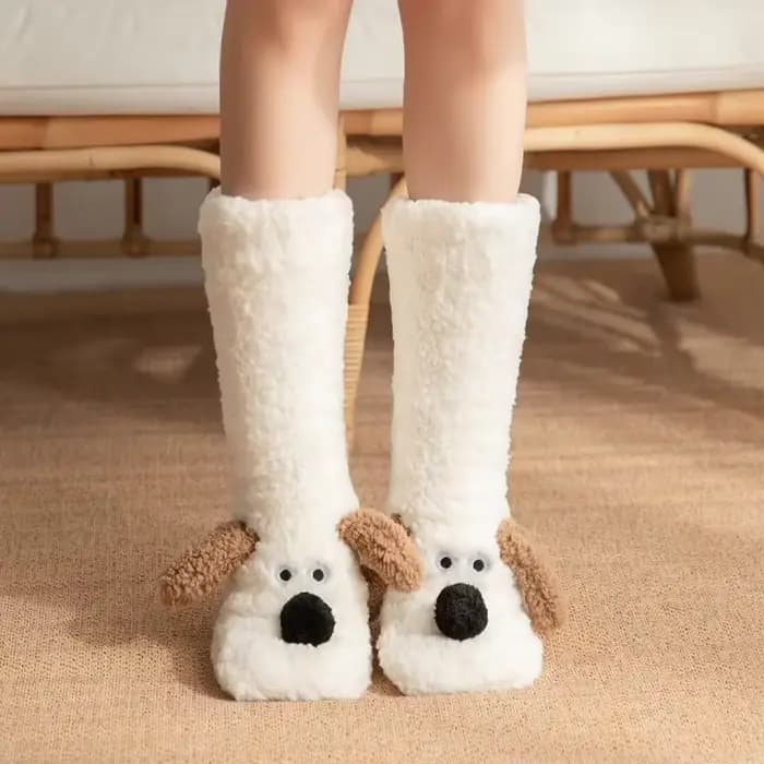 Chaussettes douces et moelleuses pour femmes, motif chien 3D, hiver, chaudes, en peluche, antidérapa