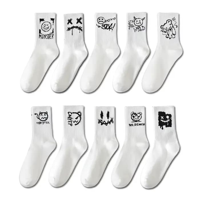 10 paires de chaussettes mi-longues pour hommes avec des visages amusants style graffiti, tendances