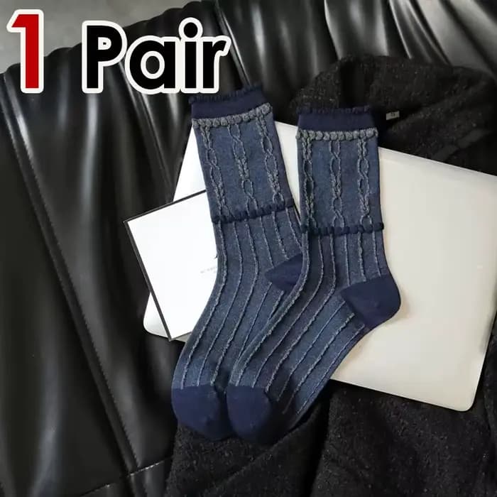 1/5 paires bleu marine rétro femmes mi Tube chaussettes à la mode Texture classique bords roulés pou