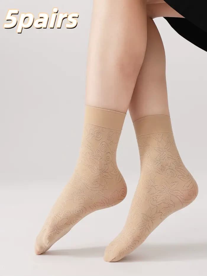 5 paires de chaussettes fines mi-mollet à motifs jacquard pour femmes, chaussettes courtes respirant