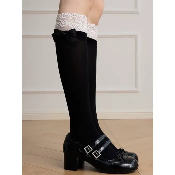 Chaussettes Jk en velours blanc fin, épissure de dentelle, nœud papillon au-dessus du genou, chausse