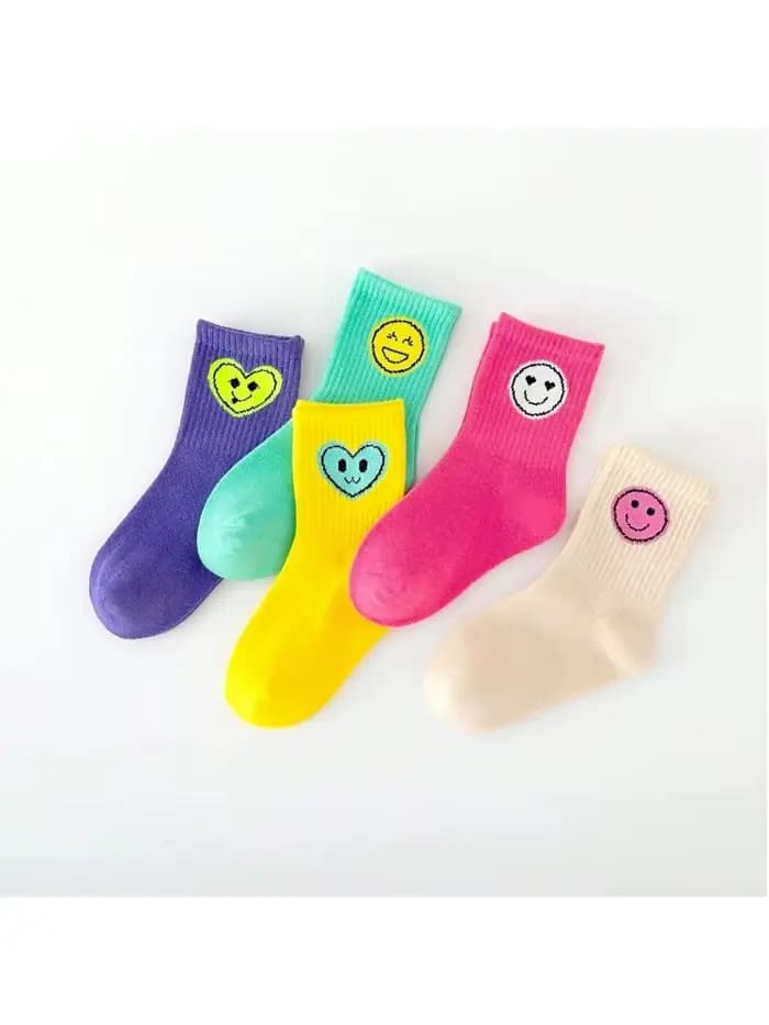 5 paires de nouvelles chaussettes pour enfants quatre saisons avec expressions de visages souriants