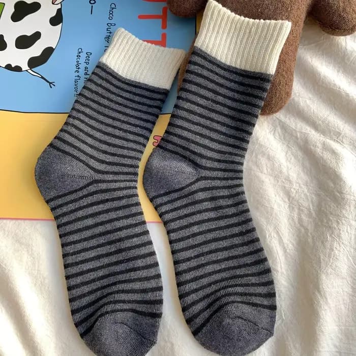 Chaussettes chaudes et épaisses en laine pour femmes, bonneterie côtelée à rayures, à la mode, coule