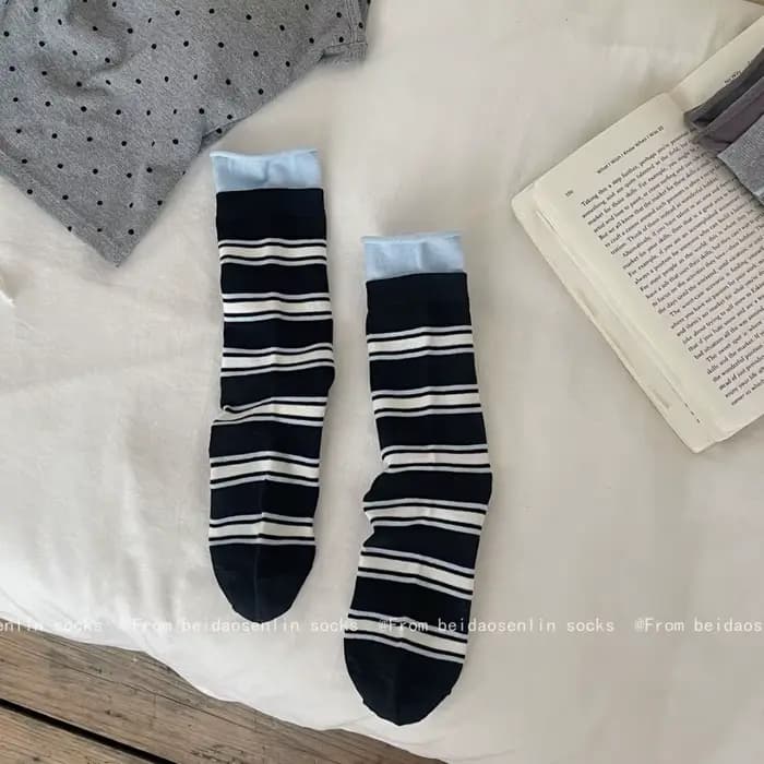 Printemps et été nouvelles chaussettes mi-tube rayées à Double nervure pour hommes et femmes bas de