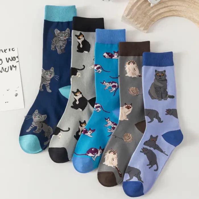 5 paires de chaussettes mi-tube pour femmes, chaussettes tendance, chat de dessin animé, nouveauté,