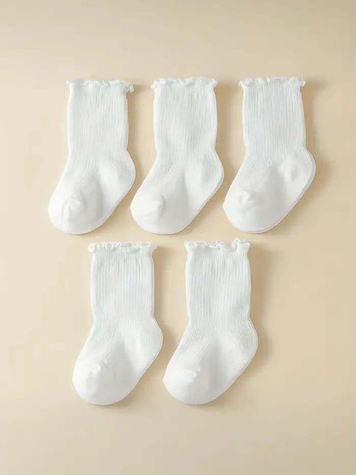 5 paires de chaussettes blanches à volants pour bébés filles, chaussettes mi-mollet en coton pour no