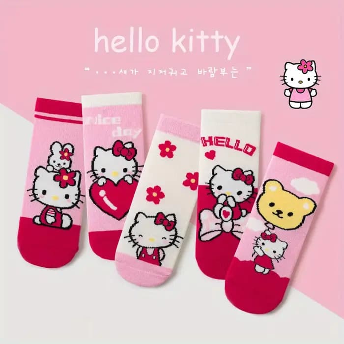 Chaussettes pour filles Hello Kitty mignonnes, 5 paires, chaussettes en coton à motif de dessin anim