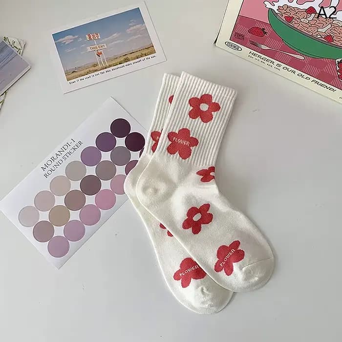 Chaussettes décontractées en coton Harajuku pour femmes et filles, fleur rose, mode, mignon, doux, c