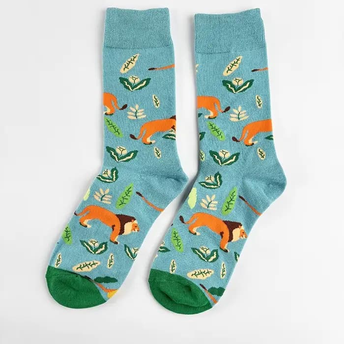 1 paire de chaussettes pour femmes, motif lion de la savane, couleur bleu menthe, bloc de couleur, m