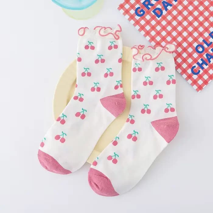 Chaussettes rigolotes en coton à volants pour femmes, socquettes mignonnes et heureuses, fruits, pêc