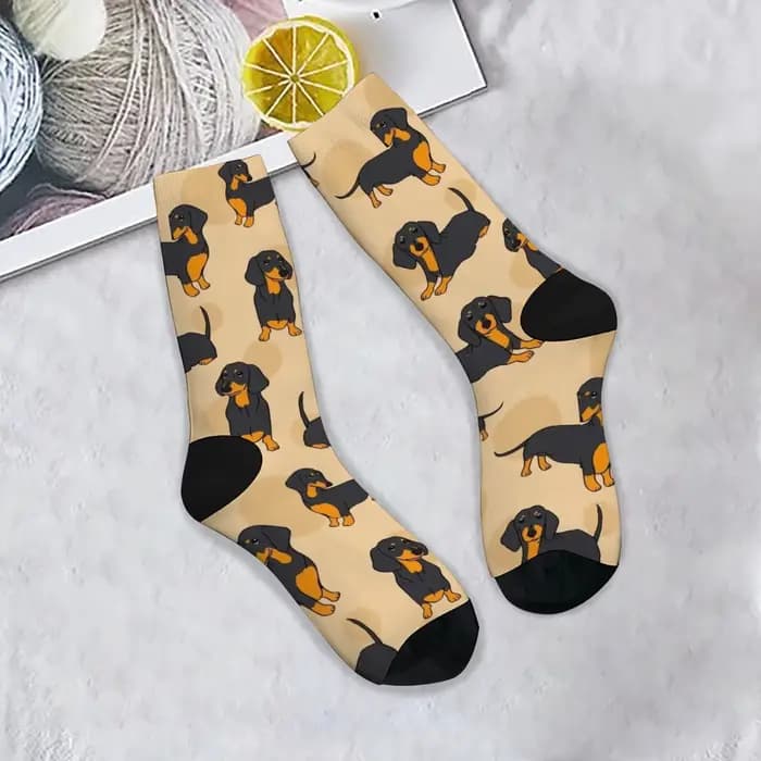 1 paire drôle teckel chien hommes chaussettes mignon rétro Harajuku noir et Tan chiens sur nouveauté