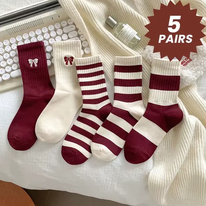 5 paires de chaussettes mi-mollet rayées à la mode pour femmes – Confort toutes saisons, imprimé nœu