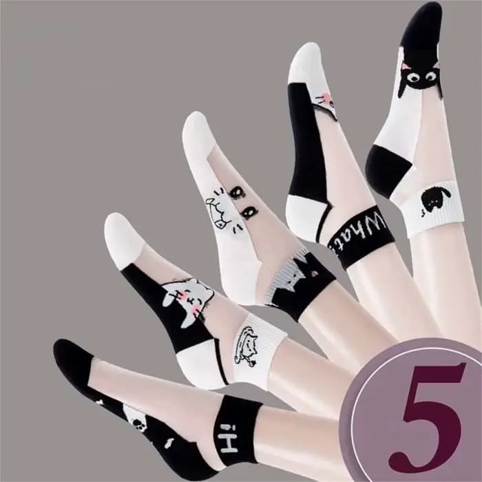 Dreamlikelin 5 paires/lot chaussettes d'été noir et blanc chat verre soie respirant femme chaussette