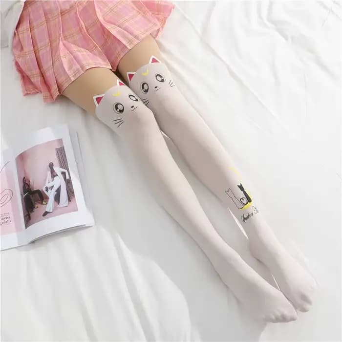 Collants chat JK pour filles, bas de cuisse Lolita, tube haut, faux collants, chat lune à travers le