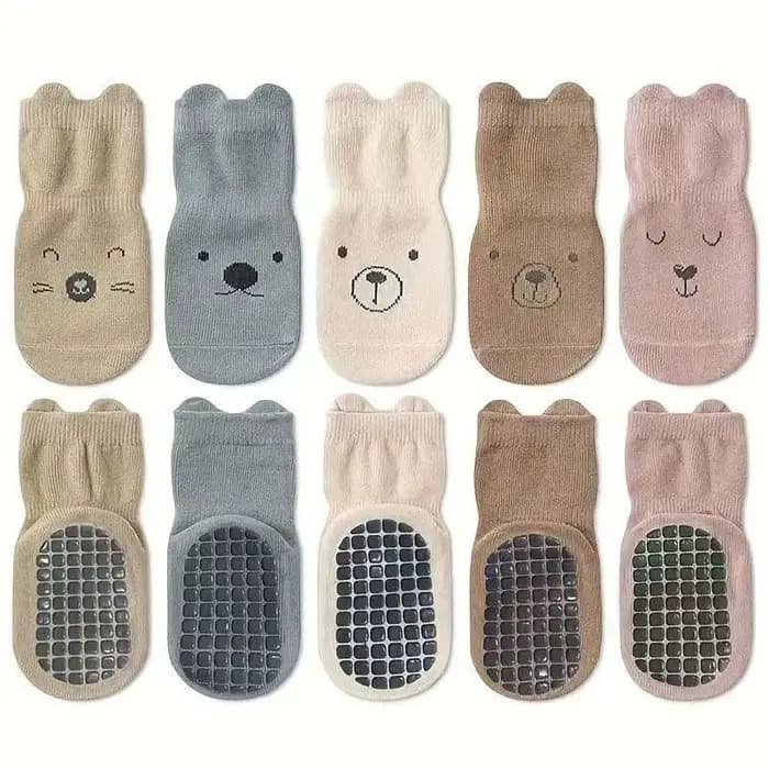 BELLBELL 5 paires de chaussettes antidérapantes pour bébé, en coton, imprimé ours, chaussettes de so