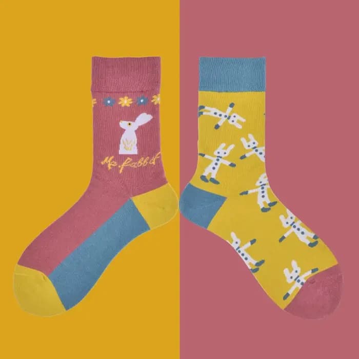Chaussettes Asymétriques en Coton Peigné pour Femme, Streetwear Amusant, Imprimé Floral, Harajuku
