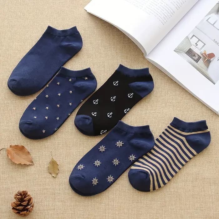 5 paires de chaussettes de cheville décontractées de style nautique de couleurs mélangées, chaussett