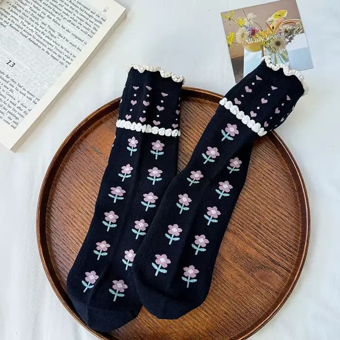 Chaussettes pour femmes, motif floral bouclé, mignonnes, Kawaii, pour filles, chaussettes mi-tube do