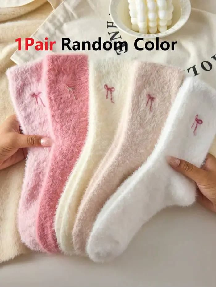 Chaussettes en peluche avec nœud papillon pour femme, mignonnes et douces, mi-mollet, épaisses et ch
