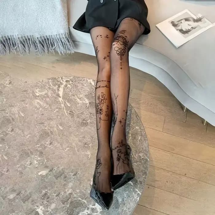 Collants sexy pour femmes avec motifs de tatouages, inscriptions, fleurs, lettres, bas fins longs no