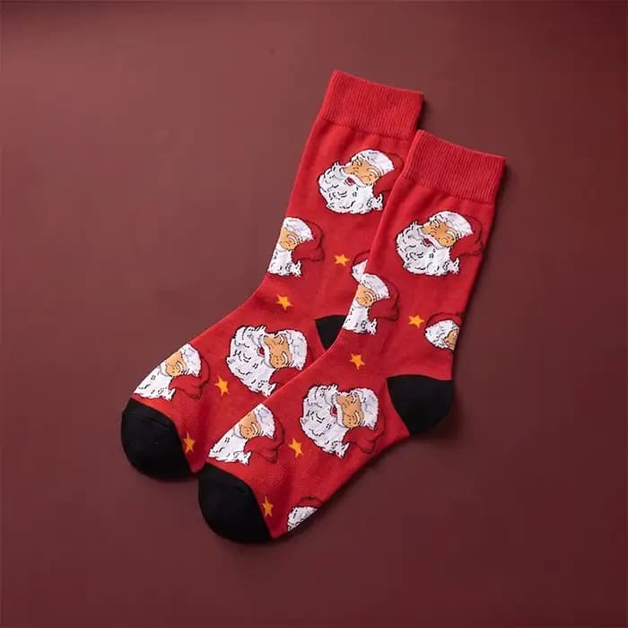 1 paire de chaussettes unisexes avec semelles rouges festives ornées de motifs Père Noël et d'étoile