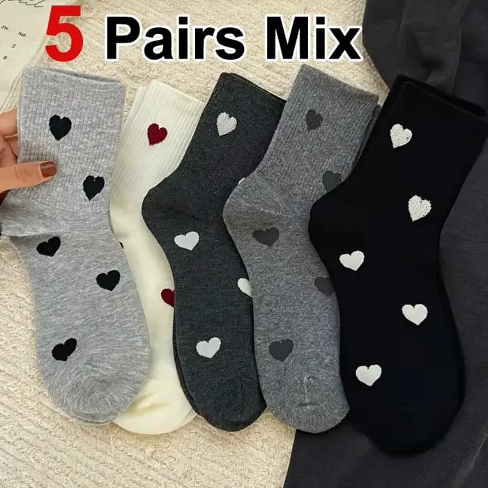 Chaussettes à motif en forme de cœur pour femmes, 5/10 paires, à tube moyen, imprimées à la mode, do