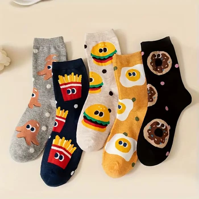 5 paires de chaussettes pour enfants de couleurs mélangées avec des motifs de hamburger et de frites