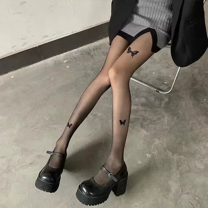 Collants noirs Sexy pour femmes, Vintage Y2K, imprimé papillon, en soie transparente, pour filles, L