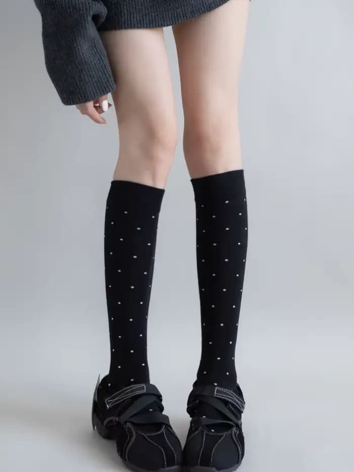 JK uniforme blanc coton chaussettes femmes Vintage mignon à pois genou-haut chaussette Compression c