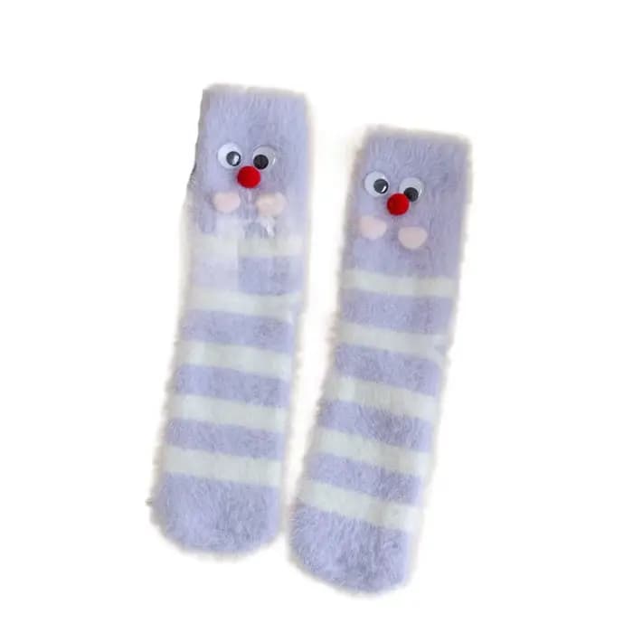 Chaussettes en fourrure de vison à yeux de dessin animé, chaussettes douces en peluche à pois, chaus