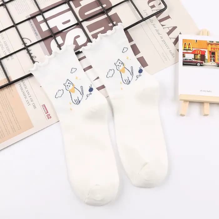 Chaussettes mi-tube Kawai Lazy Cat pour femmes, document solide, style japonais doux pour filles, ch