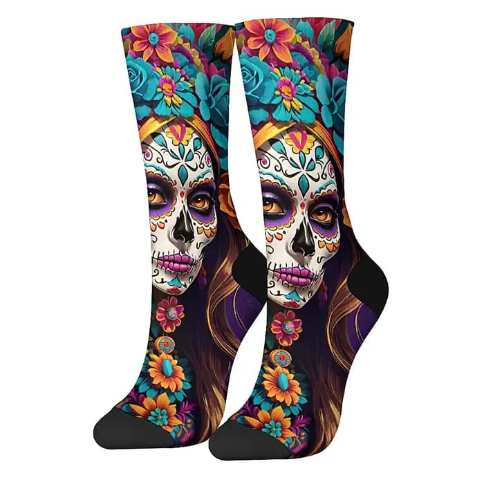 Chaussettes sur le thème du jour des morts pour hommes, faucheuse mexicaine, Design Floral Vintage,