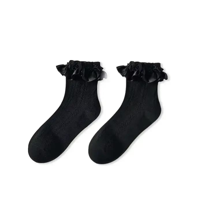 Chaussettes mi-tube en dentelle unie avec nœud à volants, chaussettes courtes Kawaii Lolita en coton
