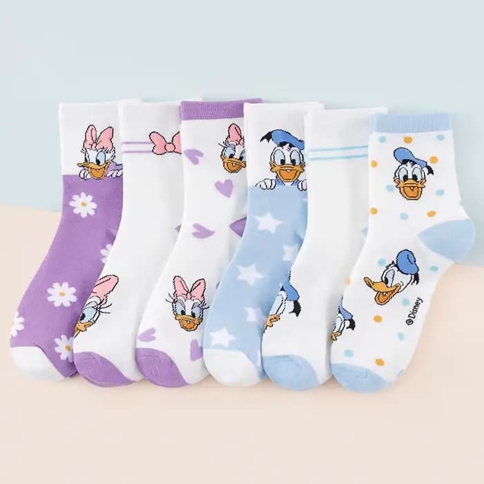6 paires de chaussettes mi-tube pour femmes, en coton imprimé, avec dessins de Donald Duck et Daisy