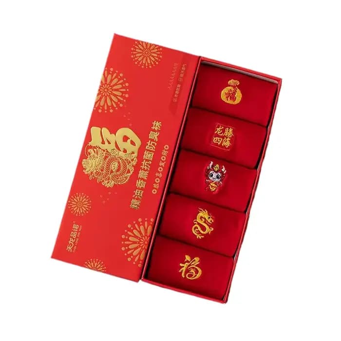 5 paires de coffret cadeau brodé chaussettes rouges hommes et femmes même Style année du zodiaque ch